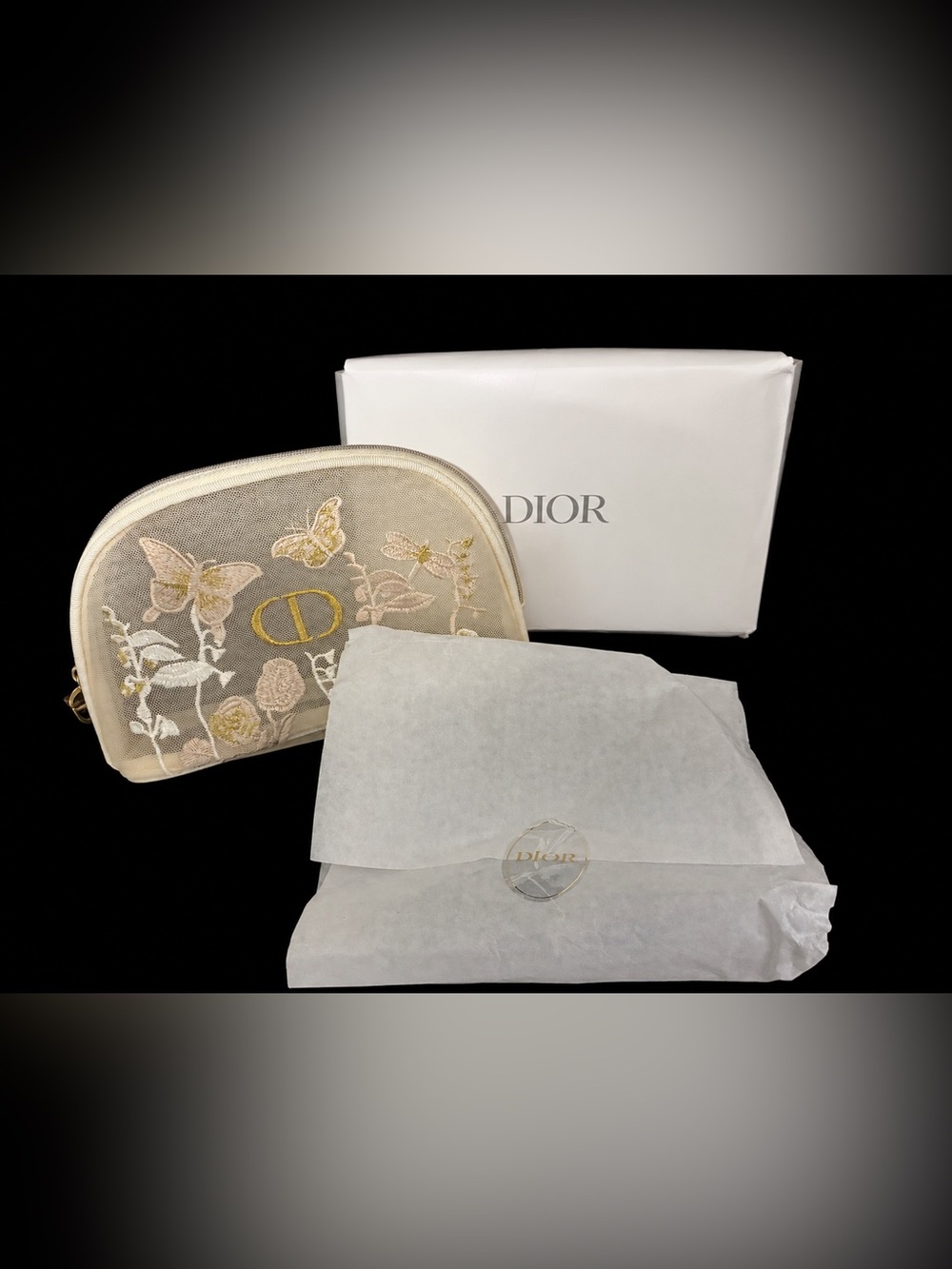 Dior Beige Embroidered Butterfly Cosmetic Pouch with Gold CD Logo - Picture 1 of 9